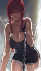 Rule 34 | 1girl, bare shoulders, black camisole, black shorts, braid, braided ponytail, breasts, camisole, chain, chain leash, chainsaw man, closed mouth, collarbone, commentary, dolphin shorts, hair between eyes, hews, highres, holding, holding leash, indoors, large breasts, leash, long hair, looking at viewer, makima (chainsaw man), orange eyes, pov, red hair, ringed eyes, short shorts, shorts, sidelocks, smile, thighs, viewer on leash
