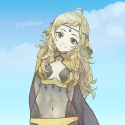 Rule 34 | 1girl, ahoge, arms behind back, blonde hair, blue eyes, blue sky, cape, center opening, circlet, closed mouth, cloud, covered navel, day, fire emblem, fire emblem fates, long hair, nintendo, ophelia (fire emblem), pirihiba, sky, smile, solo, twitter username, upper body
