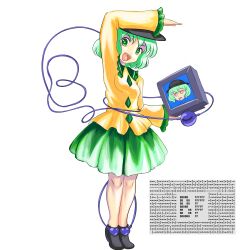 Rule 34 | 1girl, black footwear, black hat, blouse, brainfuck (programming language), breasts, collared shirt, commentary, crt, english commentary, eyeball, frilled shirt collar, frilled sleeves, frills, full body, green eyes, green hair, green skirt, hat, highres, komeiji koishi, long sleeves, looking at viewer, medium breasts, medium hair, monitor, open mouth, profitshame, shirt, simple background, skirt, solo, teeth, third eye, tiptoes, touhou, upper teeth only, white background, yellow shirt
