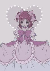 Rule 34 | 1girl, atat karubi, bow, choker, dress, elbow gloves, frilled dress, frills, gloves, hair bow, heart, highres, holding, holding clothes, holding skirt, light blush, multiple hair bows, open mouth, pink dress, pink hair, precure, purple eyes, ribbon, simple background, skirt, white gloves, yes! precure 5, yumehara nozomi