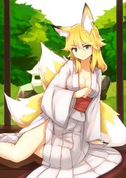 Rule 34 | 1girl, animal ears, arm support, blonde hair, blue eyes, breasts, cleavage, fox ears, fox tail, japanese clothes, kimono, looking at viewer, multiple tails, nosuku, original, short hair, smile, solo, tail