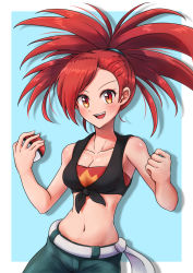 Rule 34 | 1girl, :d, asymmetrical bangs, blue pants, blush, bra, breasts, cleavage, collarbone, creatures (company), flannery (pokemon), game freak, gym leader, highres, holding, holding poke ball, long hair, looking at viewer, matching hair/eyes, medium breasts, midriff, navel, nintendo, open mouth, pants, poke ball, poke ball (basic), pokemon, pokemon oras, red bra, red eyes, red hair, shiny skin, smile, solo, standing, stomach, strapless, strapless bra, underwear, wakaba (wata ridley)