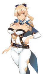Rule 34 | 1girl, belt, blonde hair, blue capelet, blue eyes, blush, breasts, capelet, cleavage, coattails, detached sleeves, genshin impact, highres, jean (genshin impact), large breasts, long hair, looking at viewer, multicolored capelet, pants, ponytail, simple background, smile, solo, thighs, tight clothes, tight pants, tokiwa midori (kyokutou funamushi), white background, white pants