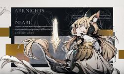Rule 34 | 1girl, animal ear fluff, animal ears, arknights, armor, blonde hair, character name, chinese commentary, coat, collared coat, commentary request, copyright name, energy sword, floating, floating object, floating sword, floating weapon, from side, gauntlets, headset, highres, horse ears, horse girl, implied extra ears, jacknavy, long hair, long sleeves, lorem ipsum, nearl (arknights), nearl the radiant knight (arknights), orange eyes, parted lips, pauldrons, profile, shoulder armor, single pauldron, solo, sword, upper body, weapon, white coat