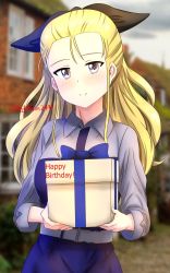 Rule 34 | 1girl, assam (girls und panzer), belt, black ribbon, blonde hair, blue eyes, blue skirt, blurry, blurry background, blush, casual, closed mouth, collared shirt, commentary, depth of field, english text, gift, girls und panzer, grey shirt, hair pulled back, hair ribbon, happy birthday, highres, holding, holding gift, long hair, long sleeves, looking at viewer, redbaron, ribbon, shirt, skirt, smile, solo, standing, twitter username, white belt