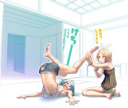 Rule 34 | 2girls, aqua hair, ass, barefoot, blonde hair, blue eyes, feet, food, handstand, hatsune miku, image sample, kagamine rin, long hair, multiple girls, panties, pixiv sample, popsicle, short hair, soles, striped clothes, striped panties, thong, toes, twintails, underwear, upside-down, vocaloid, whale tail (clothing), wokada