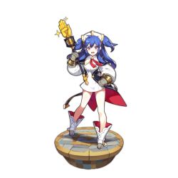 Rule 34 | 1girl, blue hair, boots, dragalia lost, estelle (dragalia lost), full body, gloves, hat, holding, holding staff, long hair, looking at viewer, nintendo, non-web source, official art, open mouth, red eyes, saitou naoki, skirt, solo, staff, transparent background, twintails