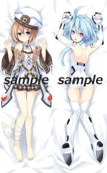 Rule 34 | 10s, 2girls, :d, ahoge, ankle ribbon, arms up, ass, back, bare shoulders, barefoot, bed sheet, blanc (neptunia), blue eyes, blue hair, blush, boots, breasts, brooch, brown hair, coat, cross-laced clothes, dakimakura (medium), dress, dual persona, elbow gloves, embarrassed, feet, flipped hair, frills, from above, from behind, full body, fur trim, gene (gear gene), gloves, hair between eyes, halterneck, happy, hat, high heel boots, high heels, index finger raised, indoors, jewelry, leg ribbon, legs, leotard, looking at viewer, looking back, lying, magical girl, multiple girls, multiple views, neptune (series), nose blush, off shoulder, on bed, open clothes, open coat, open mouth, parted bangs, parted lips, pleated dress, power symbol, power symbol-shaped pupils, red eyes, ribbon, short dress, short hair, short hair with long locks, sidelocks, small breasts, smile, spaghetti strap, symbol-shaped pupils, thigh boots, thigh gap, thighhighs, turtleneck, white footwear, white gloves, white heart (neptunia), white legwear, wide sleeves