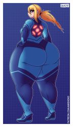 Rule 34 | 1girl, absurdres, artist name, ass, blonde hair, blue background, blue bodysuit, blue eyes, bodysuit, breasts, fat, from behind, full body, hand on own hip, highres, huge ass, large breasts, long hair, metroid, mole, mole under mouth, nintendo, plump, ponytail, samus aran, skullgeist, solo, standing, thick thighs, thighs, wide hips, zero suit