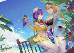 Rule 34 | 3girls, :q, absurdres, backwards hat, bag, bare shoulders, baseball cap, bb (fate), bb (fate) (all), bb (swimsuit mooncancer) (fate), bb (swimsuit mooncancer) (first ascension) (fate), beach, bikini, bikini under clothes, bird, black-framed eyewear, black bikini, black footwear, black ribbon, blonde hair, blue eyes, blue jacket, blue sky, bracelet, braid, breasts, closed mouth, cloud, commentary request, covered erect nipples, crop top, day, dutch angle, eyewear on head, fate/grand order, fate (series), feet out of frame, flower, flower necklace, food, front-tie bikini top, front-tie top, hand up, hat, highres, holding, horizon, ice cream, innertube, jacket, jeanne d&#039;arc (fate), jeanne d&#039;arc (ruler) (fate), jeanne d&#039;arc (swimsuit archer) (fate), jeanne d&#039;arc (swimsuit archer) (first ascension) (fate), jeanne d&#039;arc alter (fate), jeanne d&#039;arc alter (swimsuit berserker) (fate), jewelry, kneehighs, kuroduki (pieat), large breasts, leg up, long hair, looking at viewer, miniskirt, multiple girls, navel, necklace, nose, ocean, off shoulder, open clothes, open jacket, outdoors, palm tree, pink lips, purple eyes, purple hair, railing, ribbon, shoes, short hair with long locks, sidelocks, sign, single braid, skirt, sky, socks, standing, standing on one leg, star (symbol), stomach, strapless, strapless bikini, sundae, sunglasses, swim ring, swimsuit, thigh strap, tongue, tongue out, tree, underboob, v-shaped eyebrows, water, waving, white bikini, white footwear, white hat, yellow skirt