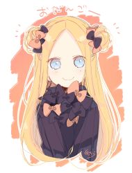 Rule 34 | 1girl, abigail williams (fate), absurdres, alternate hairstyle, black bow, black dress, blonde hair, blue eyes, blush, bow, closed mouth, cropped torso, double bun, dress, fate/grand order, fate (series), forehead, hair bow, hair bun, highres, long hair, long sleeves, looking at viewer, no headwear, orange background, orange bow, parted bangs, polka dot, polka dot bow, side bun, signature, smile, sofra, solo, translation request, two-tone background, upper body, v arms, very long hair, white background