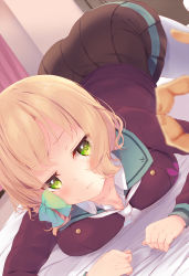 Rule 34 | 1girl, aqua bow, aqua sailor collar, bed, bed sheet, blonde hair, blush, bow, breast press, breasts, brown skirt, closed eyes, collarbone, commentary, frown, green eyes, hair bow, highres, indoors, jacket, komone ushio, large breasts, long sleeves, looking at viewer, necktie, no shoes, on bed, original, paid reward available, pantyhose, pleated skirt, pov, red jacket, sailor collar, school uniform, serafuku, shirt, short hair, skirt, solo focus, top-down bottom-up, wavy hair, white neckwear, white pantyhose, white shirt