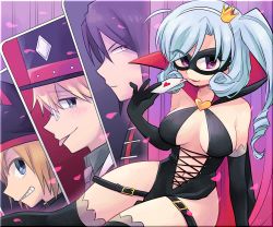 Rule 34 | 1girl, 3boys, black gloves, breasts, cape, card, cleavage, cross-laced clothes, crown, curly hair, curtains, elbow gloves, glasses, gloves, grey hair, grin, hairband, hat, henriette mystere, large breasts, mini crown, multiple boys, navel, playing card, purple eyes, rat (milky holmes), side ponytail, sitting, smile, stone river, tantei opera milky holmes, thighhighs, tongue, tongue out, top hat, tsunoji, twenty (milky holmes), white hairband, yokozuwari