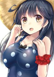 Rule 34 | 10s, 1girl, :d, ahoge, bare shoulders, black hair, blue one-piece swimsuit, breasts, brown eyes, female focus, hat, kantai collection, large breasts, long hair, looking at viewer, one-piece swimsuit, open mouth, polka dot, polka dot swimsuit, simple background, smile, solo, straw hat, swimsuit, u rin, upper body, ushio (kancolle), white background