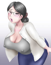 Rule 34 | 1girl, blush, breasts, cleavage, covered erect nipples, glasses, highres, large breasts, leaning forward, looking at viewer, mature female, open mouth, orca (artist), original, solo