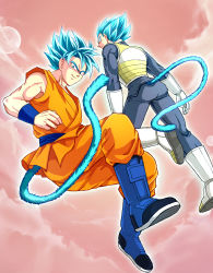Rule 34 | 2boys, blue eyes, blue hair, boots, dougi, dragon ball, dragonball z, from below, fuoore (fore0042), gloves, glowing, gradient background, male focus, midair, monkey tail, moon, multiple boys, sky, smile, son goku, super saiyan, super saiyan blue, super saiyan god ss, tail, vegeta, white footwear, white gloves, wristband