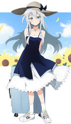 Rule 34 | 1girl, blue eyes, breasts, case, cloud, cloudy sky, commentary request, day, dress, flower, graphite (medium), hair between eyes, hat, hibiki (kancolle), highres, kantai collection, long dress, long hair, looking at viewer, mechanical pencil, nel-c, pencil, shoes, silver hair, sky, small breasts, smile, sneakers, solo, suitcase, sunflower, traditional media, white legwear