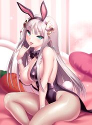 Rule 34 | 1girl, alternate costume, animal ears, atelier (series), atelier lulua, bare shoulders, between legs, black bow, black bowtie, black leotard, blunt bangs, blurry, blurry background, blush, bow, bowtie, breasts, cleavage, commentary, commission, covered nipples, curvy, elmerulia fryxell, english commentary, eyelashes, fake animal ears, fake tail, feet out of frame, fishnet pantyhose, fishnets, floating hair, from side, green eyes, grey hair, hair ornament, hand between legs, hand up, head tilt, heart, heart hair ornament, heart pillow, highleg, highleg leotard, indoors, large breasts, leaning forward, leotard, long hair, looking at viewer, on bed, pantyhose, pillow, pinky out, playboy bunny, rabbit ears, rabbit tail, seductive smile, sidelocks, sitting, skeb commission, smile, solo, straight hair, sweat, tail, thighs, tongue, tongue out, very long hair, white wrist cuffs, zen (kamuro)