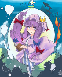 Rule 34 | 1girl, absurdres, b.d, blush, book, bow, capelet, cloud, crescent, female focus, fish, hair bow, hat, highres, long hair, long sleeves, mountain, open mouth, patchouli knowledge, purple eyes, purple hair, shark, sky, solo, touhou, underwater, very long hair, wide sleeves