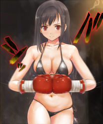 Rule 34 | 1girl, akabeko207, bikini, black bikini, black hair, boxing gloves, breasts, brown eyes, cleavage, commentary request, final fantasy, final fantasy vii, large breasts, long hair, looking at viewer, motion blur, motion lines, navel, partial commentary, smile, solo, swimsuit, tifa lockhart
