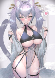 Rule 34 | 1girl, animal ears, bare shoulders, bikini, blush, breasts, cat ears, cat tail, cowboy shot, fishnets, green eyes, grey background, grey hair, grin, hair between eyes, hair intakes, hair ornament, hair stick, heart, highleg, highleg bikini, highres, hitowa, japanese clothes, kimono, large breasts, long hair, looking at viewer, o-ring, o-ring bottom, open clothes, open kimono, original, smile, solo, spoken heart, standing, swimsuit, tail, thick eyebrows, tsurime, twintails, underboob, whorled clouds