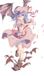 Rule 34 | 1girl, arm ribbon, bad id, bad pixiv id, bat (animal), bat wings, blue hair, boots, dress, female focus, finger to mouth, full body, hat, hat ribbon, kan (tyonn), one eye closed, pink dress, puffy sleeves, red eyes, remilia scarlet, ribbon, sash, short sleeves, simple background, solo, standing, standing on one leg, touhou, white background, wings, wink