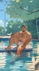 Rule 34 | 1boy, absurdres, ai-assisted, arm hair, bara, beard, belly, blush, bulge, chest hair, facial hair, fat rolls, gangdong, hairy, highres, large pectorals, leg hair, looking at viewer, male focus, male swimwear, mature male, muscular, muscular male, navel, navel hair, nipples, original, pectorals, poolside, short hair, smile, soaking feet, solo, stomach, swim briefs, thick eyebrows, thick thighs, thighs, topless male, tree, white male swimwear