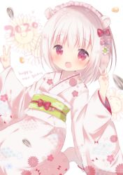 Rule 34 | 1girl, 2020, :d, animal ears, bow, commentary request, double v, floral print, flower, hair between eyes, hair bow, hamster ears, happy new year, japanese clothes, kimono, long sleeves, looking at viewer, maid headdress, new year, obi, open mouth, original, pink bow, print kimono, red bow, red eyes, rin (fuwarin), sash, seed, silver hair, smile, socks, solo, sunflower seed, teeth, upper teeth only, v, white background, white flower, white kimono, white socks, wide sleeves