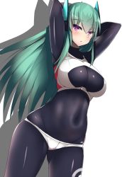 Rule 34 | 1girl, armpits, arms up, bodysuit, borrowed character, green hair, long hair, looking at viewer, menou kaname (taishi), original, purple eyes, simple background, solo, souma (ordures), white background