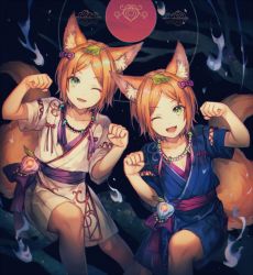 Rule 34 | 10s, 2boys, ;3, ;d, androgynous, animal ears, aoi hinata, aoi yuta, bead necklace, beads, bow, brothers, chinese lantern (plant), clenched hands, ensemble stars!, eyebrows, fangs, fire, floral print, fox ears, fox tail, green eyes, hair bow, hands up, hitodama, japanese clothes, jewelry, kimono, leaf, leaf on head, looking at viewer, magatama, magatama necklace, male focus, multiple boys, necklace, one eye closed, open mouth, orange hair, parted bangs, paw pose, revision, sash, shigaraki (strobe blue), short kimono, short sleeves, siblings, smile, tail, tassel, tooth necklace, twins