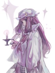 Rule 34 | 1girl, bow, candle, candlestand, hair bow, hair ornament, highres, holding, long hair, long sleeves, looking at viewer, nightgown, pajamas, patchouli knowledge, pribasket, purple eyes, purple hair, simple background, solo, touhou, white background