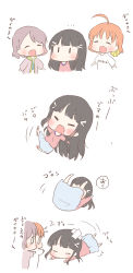 Rule 34 | 0 0, 3girls, ^^^, ^ ^, ahoge, bandaged head, bandages, black hair, blue skirt, blush, chibi, closed eyes, clothes writing, comic, commentary request, flailing, flying sweatdrops, grey hair, grey jacket, hair ornament, hair ribbon, hairclip, jacket, kurosawa dia, long hair, long sleeves, love live!, love live! sunshine!!, lying, mole, mole under mouth, multiple girls, no mouth, notice lines, on stomach, open mouth, orange hair, outstretched arms, pink shirt, ribbon, saku usako (rabbit), shirt, short hair, simple background, skirt, spread arms, takami chika, tantrum, translation request, watanabe you, wavy mouth, white background, white shirt, yellow ribbon, | |