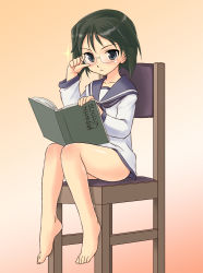 10s 1girl :&lt; adjusting_eyewear aged_down bare_legs barefoot bespectacled black_hair blue_eyes book brave_witches chair feet female_focus full_body glasses gradient_background holding holding_book kanno_naoe miritsu mirutsu_(milts) no_pants open_book reading school_uniform serafuku short_hair sitting solo sparkle strike_witches world_witches_series