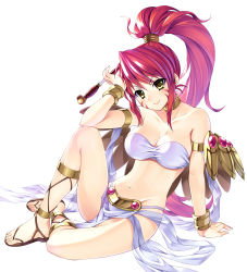 Rule 34 | 10s, 1girl, arm support, bandeau, bare shoulders, bracelet, breasts, bucchake (asami), cleavage, clothes between thighs, collarbone, feet, jewelry, long hair, looking at viewer, lots of jewelry, navel, oda nobunaga (sengoku otome), ponytail, red hair, sandals, sengoku otome, shiny skin, simple background, sitting, smile, solo, tms entertainment, very long hair, white background, yellow eyes