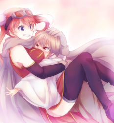 Rule 34 | 1boy, 1girl, aged down, between breasts, black thighhighs, blue eyes, breast smother, breasts, brown hair, bun cover, china dress, chinese clothes, double bun, dress, face to breasts, gintama, goggles, goggles on head, hair bun, head between breasts, hetero, hug, kagura (gintama), long hair, maruki (punchiki), okita sougo, orange hair, red eyes, thighhighs, time paradox, twintails