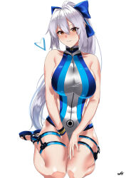 Rule 34 | 1girl, absurdres, blue bow, blue one-piece swimsuit, bow, breasts, fate/grand order, fate (series), grey hair, hair between eyes, hair bow, highleg, highleg swimsuit, highres, kurozawa yui, large breasts, long hair, looking at viewer, one-piece swimsuit, ponytail, red eyes, sandals, seiza, sitting, solo, swimsuit, thighs, tomoe gozen (fate), tomoe gozen (swimsuit saber) (fate), tomoe gozen (swimsuit saber) (first ascension) (fate), two-tone swimsuit, white one-piece swimsuit