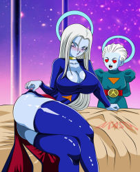 Rule 34 | 10s, 1boy, 1girl, alternate hairstyle, angel (dragon ball), ass, blue skin, blush, breasts, cleavage, collar, colored skin, colorized, daishinkan, dicasty, dragon ball, dragon ball super, eyelashes, father and daughter, hair down, heart, heart-shaped pupils, incest, large breasts, lipstick, long hair, looking at breasts, makeup, mikoshin (dragon ball), on bed, open mouth, parted lips, purple eyes, purple lips, shiny skin, smile, symbol-shaped pupils, tongue, white hair