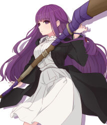 Rule 34 | 1girl, black coat, breasts, closed mouth, coat, commentary request, dress, drop shadow, expressionless, fern (sousou no frieren), highres, large breasts, long hair, purple eyes, purple hair, simple background, solo, sousou no frieren, staff, sumishake, very long hair, white background, white dress