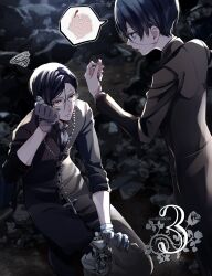 Rule 34 | 2boys, alternate hairstyle, bag, black footwear, black jacket, black pants, black shirt, blue eyes, blue hair, brown bag, buttons, ciel phantomhive, closed mouth, cross, cross necklace, dark blue hair, eyepatch, glasses, gloves, highres, holding, holding bag, jacket, jewelry, kuroshitsuji, looking at viewer, male focus, medical eyepatch, multiple boys, necklace, official alternate costume, open mouth, outdoors, pants, red eyes, round eyewear, sebastian michaelis, seto (s okome0203), shirt, short hair, speech bubble, spoken flower, squiggle, white gloves, wiping face