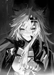Rule 34 | 1girl, absurdres, animal ears, arknights, grey background, greyscale, hair between eyes, hair ornament, hairclip, hand up, highres, jacket, lappland (arknights), long hair, looking at viewer, meng ziya, messy hair, monochrome, open clothes, open jacket, parted lips, shirt, simple background, solo, upper body, wolf ears, wolf girl