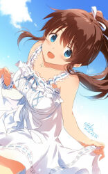 Rule 34 | 1girl, :d, artist name, asoka, blue eyes, blue ribbon, blush, bow, breasts, brown hair, cloud, cloudy sky, collarbone, dated, day, dress, frilled dress, frills, hair bow, holding, holding clothes, holding skirt, idolmaster, idolmaster million live!, idolmaster million live! theater days, jewelry, leaning forward, looking at viewer, medium breasts, necklace, open mouth, ponytail, ribbon, satake minako, sidelocks, skirt, sky, smile, solo, white dress, white ribbon, white wristband