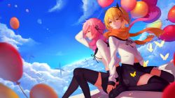Rule 34 | 2girls, arm behind head, arm up, bad id, bad pixiv id, balloon, black footwear, black legwear, black ribbon, black skirt, blonde hair, blouse, blurry, bug, butterfly, character request, closed eyes, closed mouth, cloud, commentary request, day, depth of field, dutch angle, hair ornament, hair ribbon, hairband, indie utaite, insect, kurenai907, lens flare, light smile, loafers, long sleeves, midriff peek, multiple girls, orange scarf, outdoors, parted lips, pink hair, pink scarf, pleated skirt, profile, ribbon, scarf, school uniform, serafuku, shirt, shoes, short hair, silhouette, sitting, skirt, sky, smile, thighhighs, vocaloid, wariza, white shirt, x hair ornament