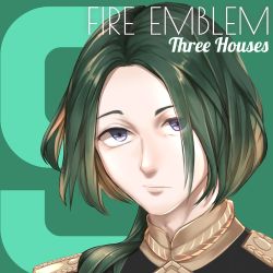 Rule 34 | 1boy, copyright name, eggsding, epaulettes, fire emblem, fire emblem: three houses, green background, green hair, linhardt von hevring, long hair, looking at viewer, low ponytail, male focus, nintendo, purple eyes, solo