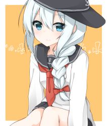 Rule 34 | 10s, 1girl, alternate hairstyle, anchor symbol, blue eyes, braid, commentary request, eyebrows, hair over shoulder, hat, hibiki (kancolle), kantai collection, light smile, long hair, looking at viewer, necktie, rateratte, red necktie, school uniform, serafuku, silver hair, single braid, solo, upper body