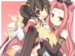 Rule 34 | 00s, 2girls, anise tatlin, arietta (tales), brown eyes, brown hair, doll, gloves, kurot, long hair, multiple girls, pink eyes, pink hair, pointing, ribbon, smile, stuffed animal, stuffed toy, tales of (series), tales of the abyss, thighhighs, tokunaga (tales), twintails