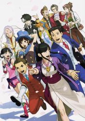 Rule 34 | 5girls, 6+boys, ace attorney, apollo justice, armpits, ascot, athena cykes, beard, black hair, blue necktie, bow, brown hair, cape, carrying, cropped jacket, earrings, eating, ema skye, eyewear on head, facial hair, feathers, food, formal, fuse takuro, glasses, hair between eyes, hair ribbon, half updo, hat, highres, holding, holding food, jacket, japanese clothes, jewelry, kimono, lab coat, larry butz, long hair, magatama, maya fey, miles edgeworth, multicolored hair, multiple boys, multiple girls, nahyuta sahdmadhi, necklace, necktie, official art, open mouth, orange hair, petals, phoenix wright, phoenix wright: ace attorney - spirit of justice, piggyback, ponytail, rayfa padma khura&#039;in, ribbon, scarf, short hair, side ponytail, simon blackquill, sleeves rolled up, smile, suit, sunglasses, top hat, trucy wright, two-tone hair, vest, waist bow, watch, white hair, wristwatch, yellow jacket