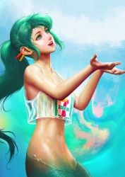 Rule 34 | 1girl, :d, absurdres, bare arms, bare shoulders, breasts, clothes pin, collarbone, commentary request, cowboy shot, crop top, green eyes, green hair, highres, long hair, looking away, looking up, medium breasts, mermaid, mixed-language commentary, monster girl, multicolored background, navel, open mouth, outstretched hand, ponytail, red lips, scales, see-through, sleeveless, smile, solo, stomach, the little trashmaid, tidy, very long hair, xianggang jizhe