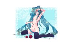 Rule 34 | 1girl, :t, animal ears, blue eyes, blue hair, blush, boots, cat ears, cat girl, cat tail, female focus, hatsune miku, high heel boots, high heels, kneeling, long hair, looking at viewer, matching hair/eyes, nipples, nude, pussy, ryuuga sazanami, simple background, solo, straight hair, tail, thigh boots, thighhighs, thread, twintails, uncensored, very long hair, vocaloid, yarn, yarn ball