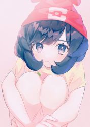 Rule 34 | 1girl, beanie, black hair, blush, closed mouth, commentary request, creatures (company), eyelashes, game freak, grey eyes, hat, highres, hugging own legs, looking at viewer, mcmcusg, nintendo, pokemon, pokemon sm, red hat, selene (pokemon), shirt, short hair, short sleeves, solo, t-shirt