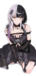 Rule 34 | 1girl, arm strap, arm warmers, bare shoulders, black choker, black dress, black gloves, black hair, breasts, choker, cleavage, collarbone, dress, fingerless gloves, gloves, highres, hololive, hololive english, jewelry, ku roiko, lace, lace choker, large breasts, long hair, looking at viewer, multicolored hair, ring, seiza, shiori novella, shiori novella (1st costume), short dress, sitting, sleeveless, sleeveless dress, smile, solo, split-color hair, two-tone hair, virtual youtuber, white background, white hair, yellow eyes, yorick (shiori novella)
